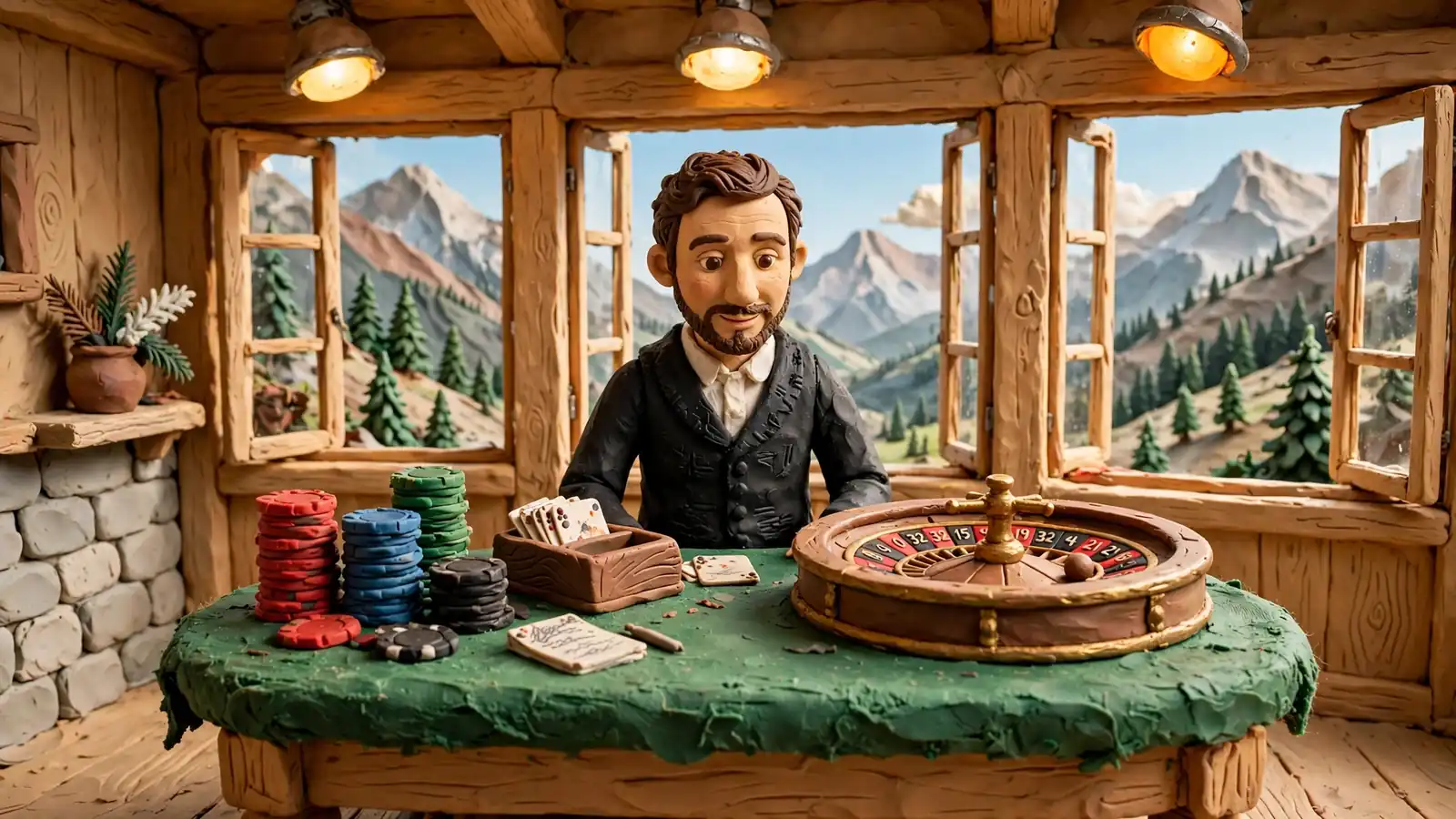 Professioneller Croupier am Spieltisch mit Roulette und Chips im modernen Schweizer Studio mit Alpenblick