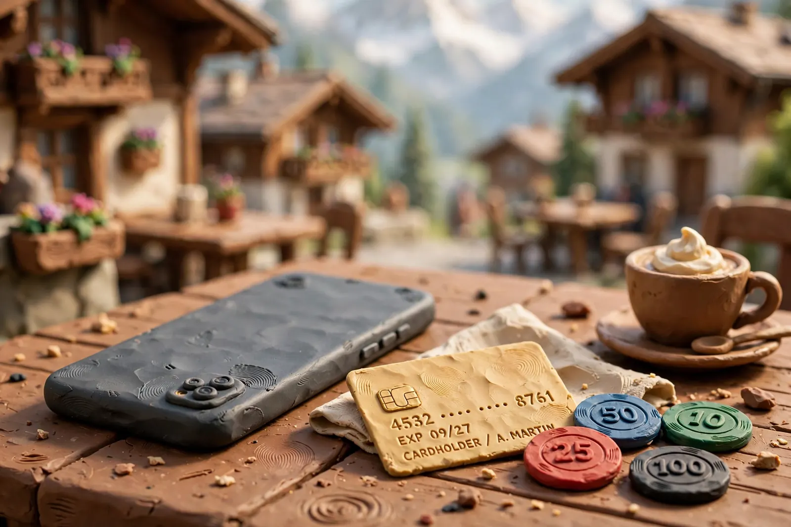 Smartphone mit Casino-Chips und Karte auf einem Holztisch in einem Schweizer Bergdorf.