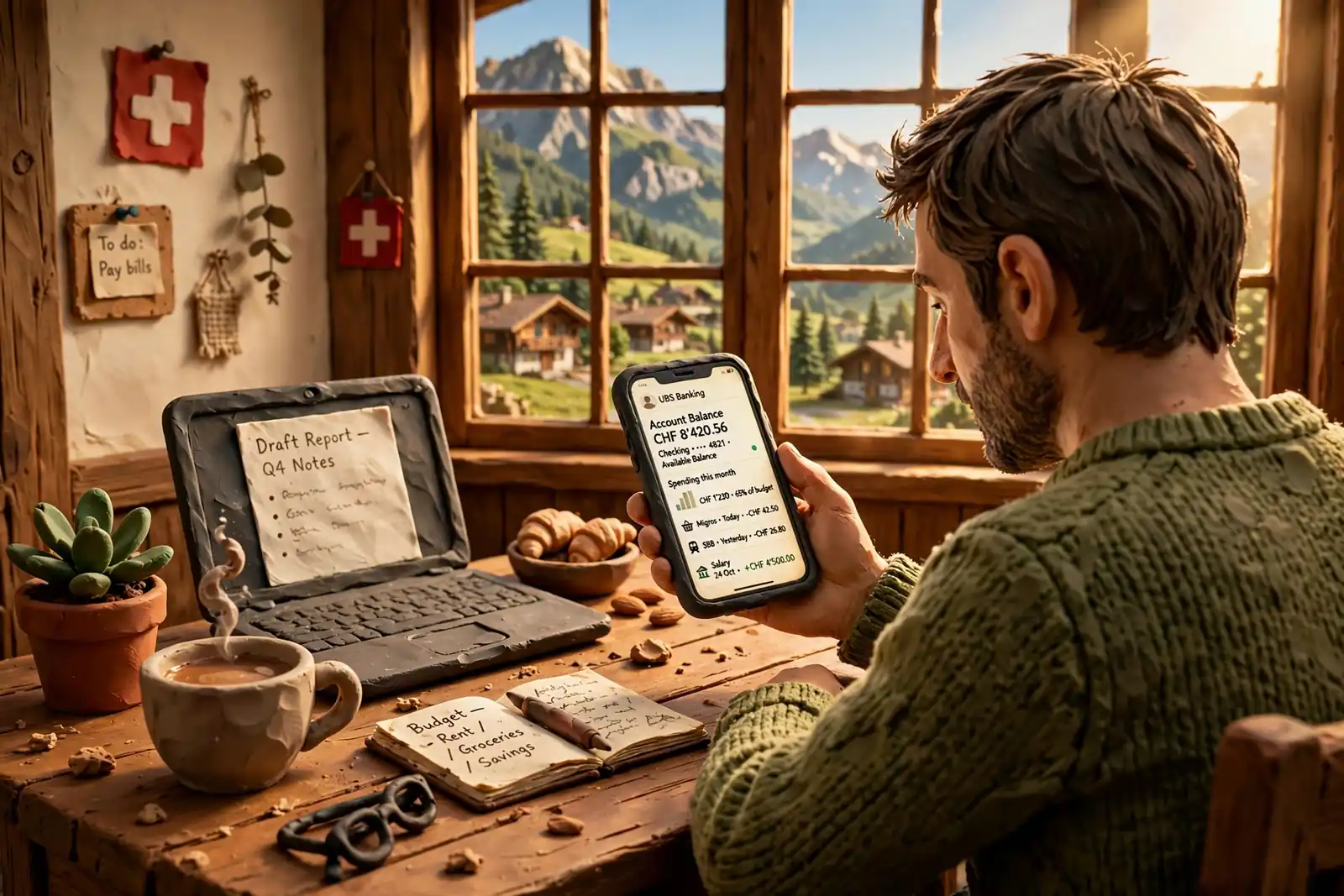 Schweizer Spieler am Schreibtisch mit Smartphone und Laptop, Trustly-Auszahlung