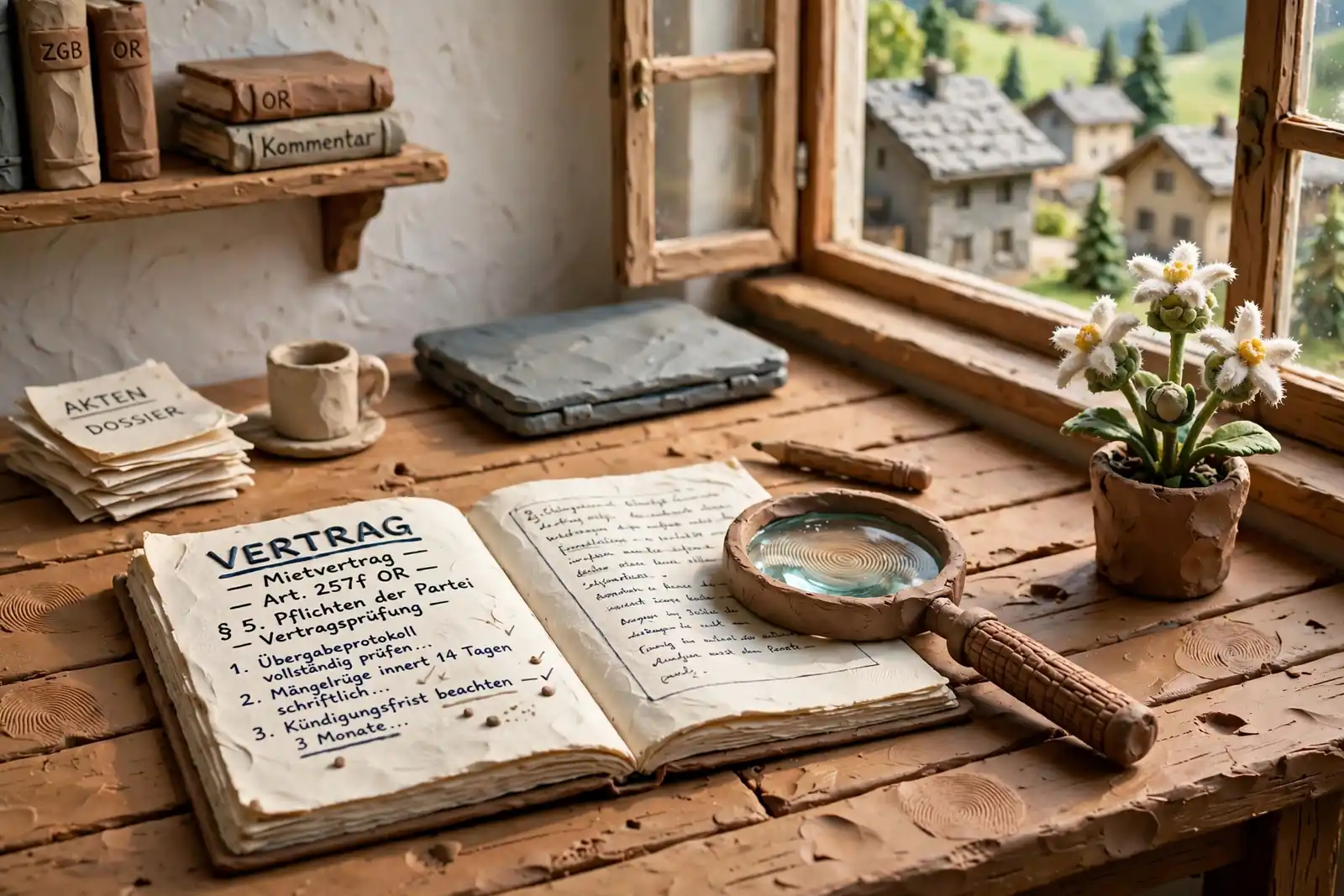Holzschreibtisch mit Notizbuch, Lupe und Edelweiss in hellem Schweizer Büro
