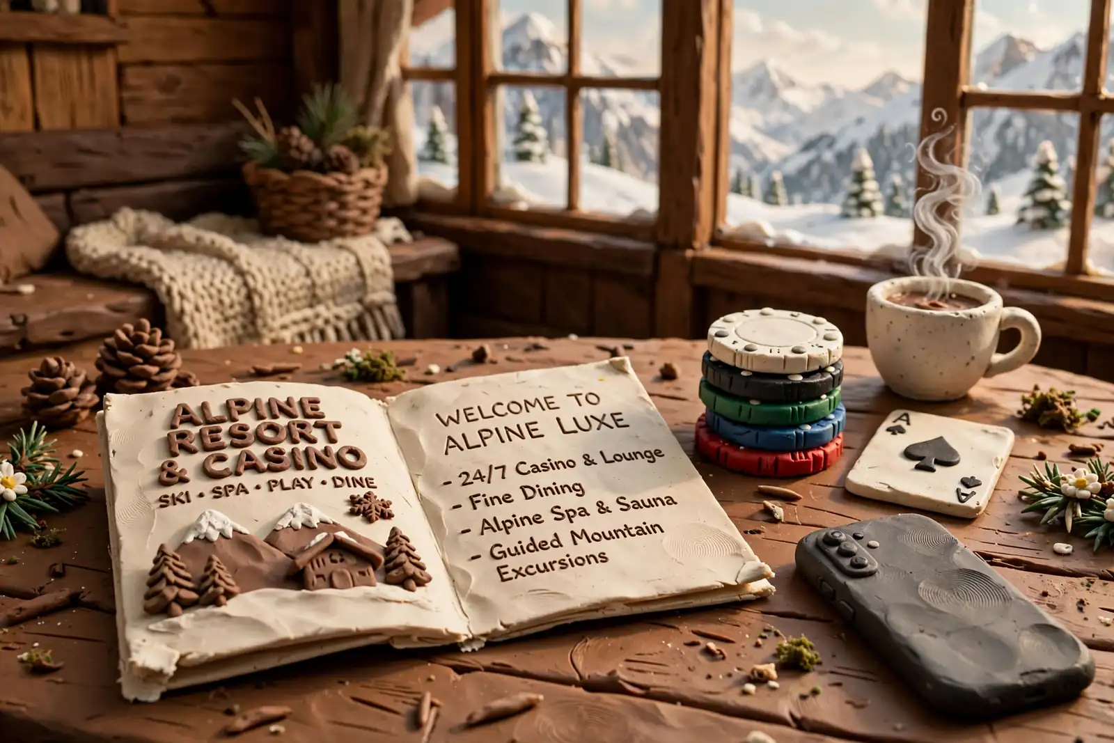 Casino-Bonus-Broschüre mit Spielchips in Schweizer Chalet