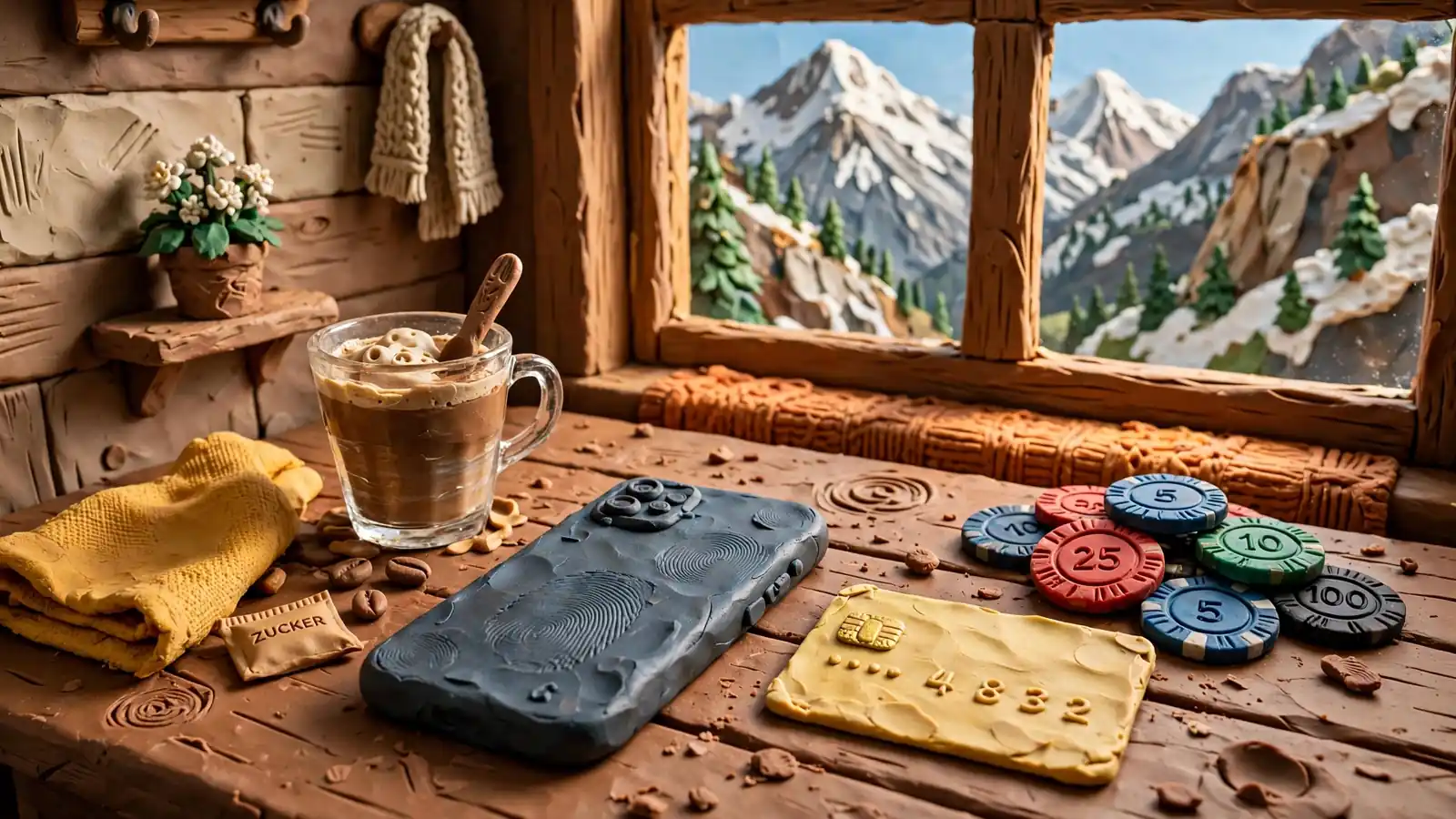 Smartphone mit Kreditkarte und Casino-Chips auf einem Holztisch in einem Schweizer Alpencafé.