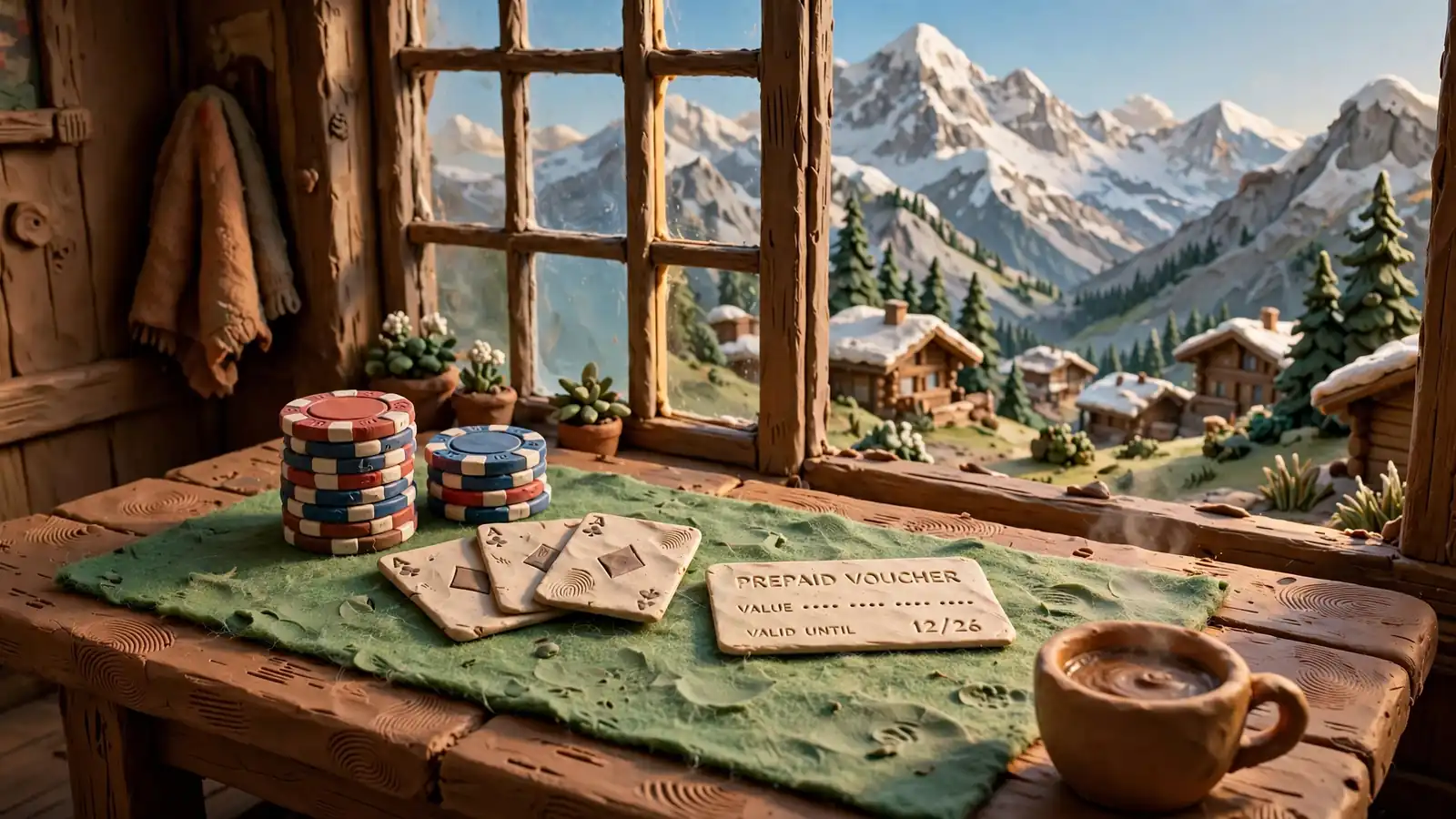 Holztisch mit Casino-Chips, Spielkarten und neutralem Prepaid-Gutschein vor Schweizer Bergpanorama.